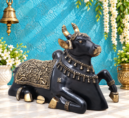Brassaura® Nandi Reclining Idol with Antique Black & Gold Finish | Pure Superfine Brass Handcrafted Murti | Brass Statue for Home Temple, Pooja Room | Height 18 Inches | Weight 29.98 Kgs