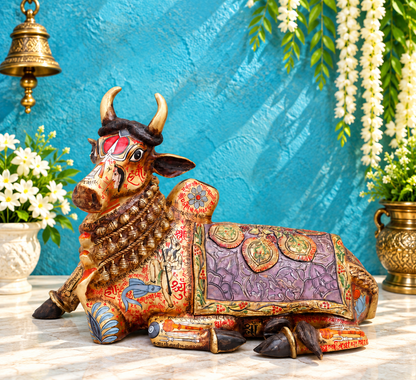 Brassaura® Nandi Sitting Idol with Multi-Color Finish | Pure Superfine Brass Handcrafted Murti | Brass Statue for Home Temple, Pooja Room | Height 17 Inches | Weight 18.57 Kgs