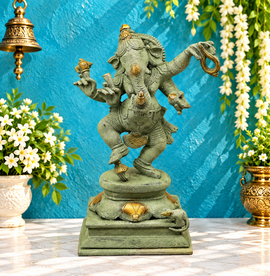 Brassaura® Brass Dancing Ganesha Idol | Handcrafted Lord Ganesh Murti for Home Temple, Living Room & Office Décor | Antique Green Finish | Premium Brass Statue | 12.5 Inches | 5.16 Kg