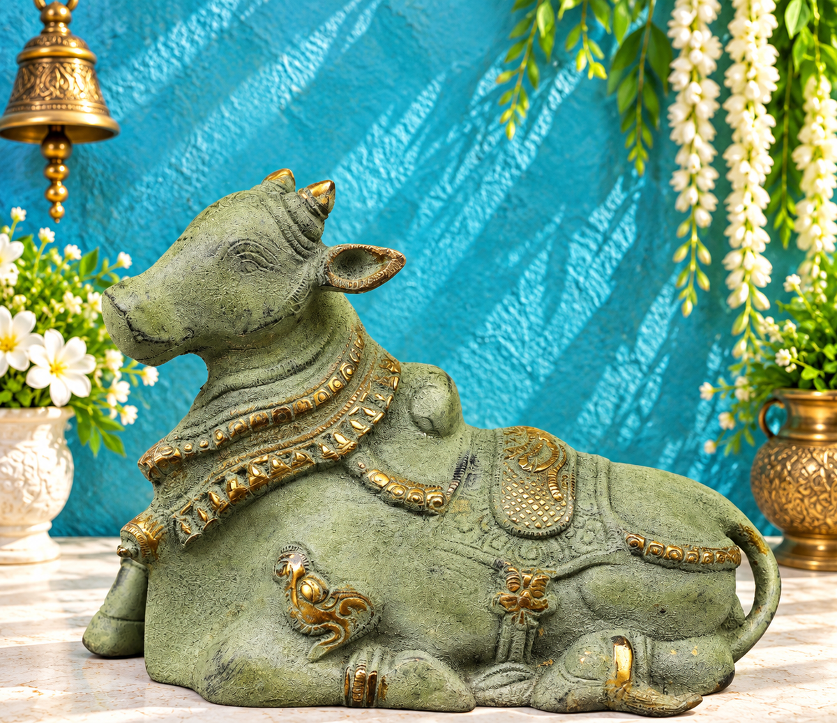 Brassaura® Brass Nandi Bull Statue | Handcrafted Sacred Nandi Idol for Home Temple, Pooja Room & Office Décor | Antique Green Finish | Premium Brass Murti | 7 Inches | 3.28 Kg
