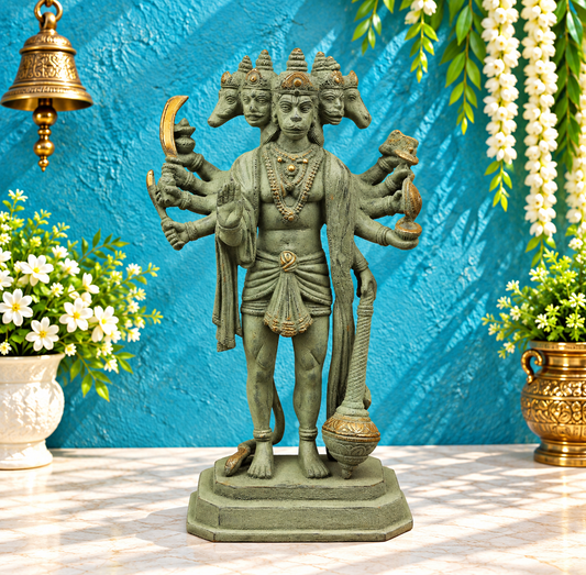 Brassaura® Brass Panchamukhi Hanuman Statue | Handcrafted Five-Faced Hanuman Idol for Home Temple, Pooja Room & Office Décor | Antique Green Finish | Premium Brass Murti | 13.5 Inches | 5.9 Kg