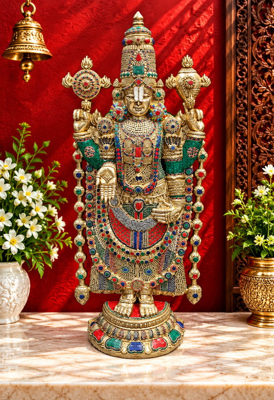 Brassaura® Lord Balaji Brass Idol with Semi-Precious Stone Work | Handcrafted Tirupati Venkateswara Statue | Premium Brass Sculpture for Home Temple & Spiritual Décor | Height 48 Inches | 47 Kg