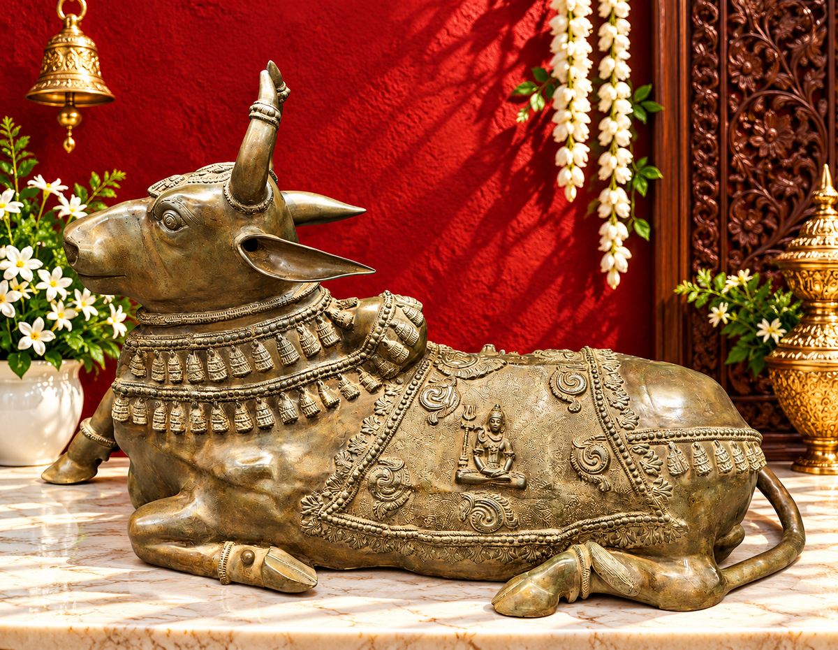 Brassaura® Giant Brass Nandi Bull Idol | Handcrafted Sacred Nandi Statue for Shiva Temple, Home, Pooja Room & Spiritual Décor | Height 46 Inches | 148 Kg
