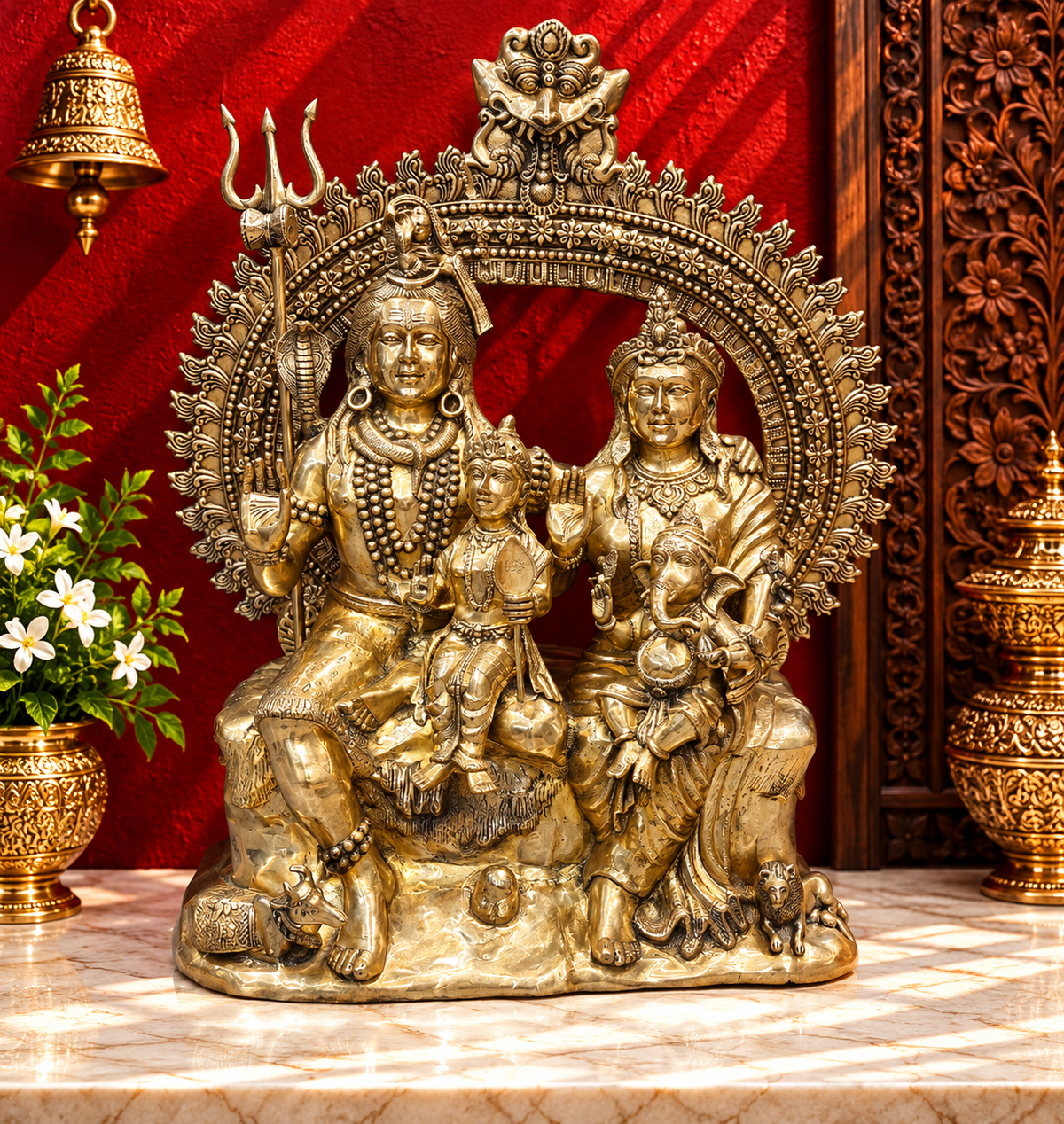 Brassaura® Brass Shiva Parivar Idol | Handcrafted Lord Shiva Family Statue with Parvati, Ganesha & Kartikeya | Premium Brass Shiv Parivar Murti for Home Temple & Spiritual Décor | 45 Inches | 137 Kg