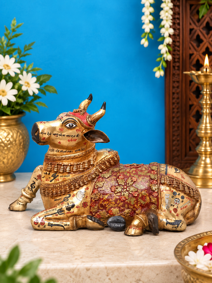 Brassaura® Nandi Reclining Idol with Hand-Painted Gold Finish | Pure Superfine Brass Handcrafted Murti | Brass Statue for Home Temple, Pooja Room | Height 22 Inches | Weight 28.2 Kgs