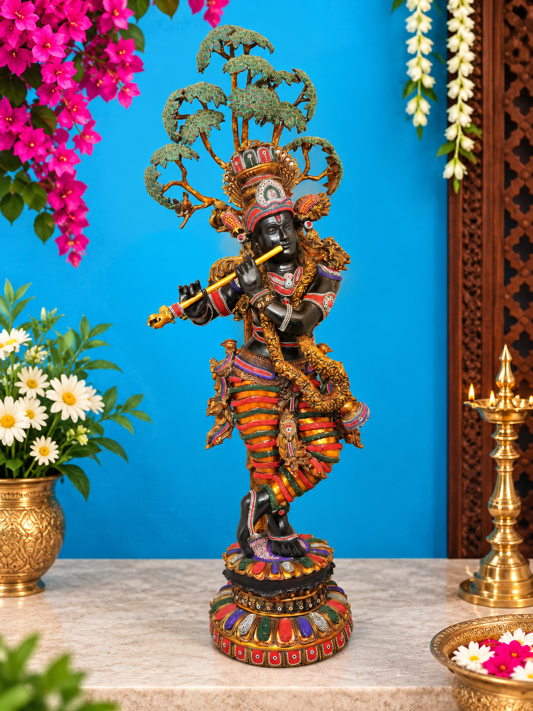 Brassaura® Krishna Tribhanga Playing Flute Idol with Multi-Color Inlay Finish | Pure Superfine Brass Handcrafted Murti | Brass Statue for Home Temple, Pooja Room | Height 57 Inches | Weight 80.16 Kgs
