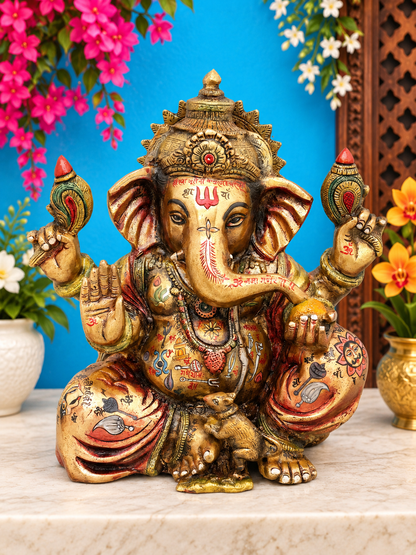 Brassaura® Ganesha Seated Blessing Pose Idol with Hand-Painted Gold Finish | Pure Superfine Brass Handcrafted Murti | Brass Statue for Home Temple, Pooja Room | Height 13 Inches | Weight 10.39 Kgs