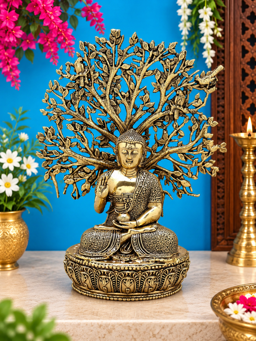 Brassaura® Buddha Meditating Under Bodhi Tree in Vitarka Mudra Idol with Gold Finish | Pure Superfine Brass Handcrafted Murti | Brass Statue for Home Temple, Pooja Room | Height 6.5 Inches | Weight 0.37 Kgs