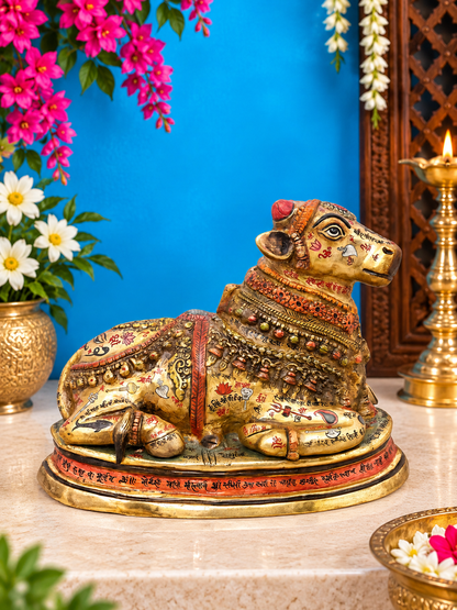 Brassaura® Nandi Reclining Idol with Hand-Painted Gold Finish | Pure Superfine Brass Handcrafted Murti | Brass Statue for Home Temple, Pooja Room | Height 13 Inches | Weight 13.68 Kgs