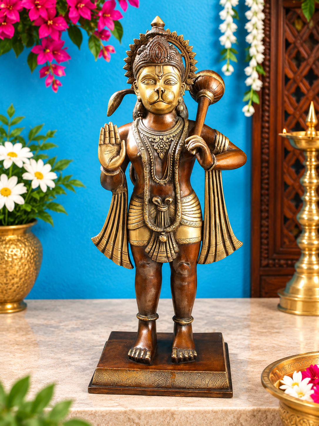 Brassaura® Hanuman Standing Blessing Pose Idol with Brown With Natural Brass Finish | Pure Superfine Brass Handcrafted Murti | Brass Statue for Home Temple, Pooja Room | Height 35 Inches | Weight 31.36 Kgs