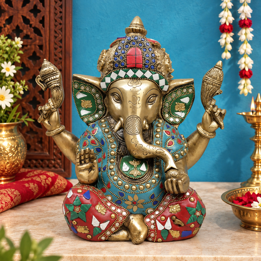 Brassaura® Ganesha Seated Blessing Pose Idol with Multi-Color Finish | Pure Superfine Brass Handcrafted Murti | Brass Statue for Home Temple, Pooja Room | Height 8.5 Inches | Weight 4.5 Kgs
