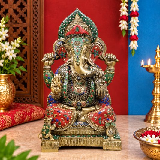 Brassaura® Ganesha Seated Blessing Pose Idol with Multi-Color Finish | Pure Superfine Brass Handcrafted Murti | Brass Statue for Home Temple, Pooja Room | Height 18 Inches | Weight 16.74 Kgs