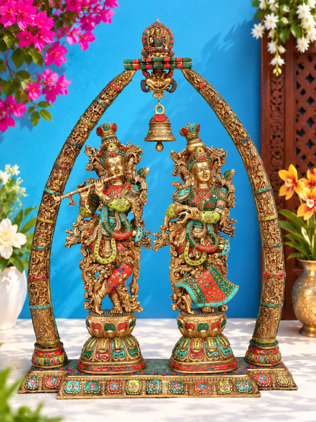 Brassaura® Radha Krishna Standing Idol with Multi-Color Inlay Finish | Pure Superfine Brass Handcrafted Murti | Brass Statue for Home Temple, Pooja Room | Height 45.5 Inches | Weight 76.5 Kgs