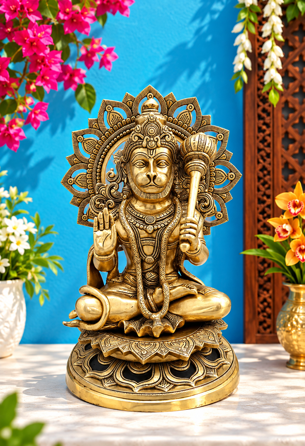 Brassaura® Hanuman Seated Blessing Pose Idol with Natural Brass Finish | Pure Superfine Brass Handcrafted Murti | Brass Statue for Home Temple, Pooja Room | Height 18 Inches | Weight 17 Kgs