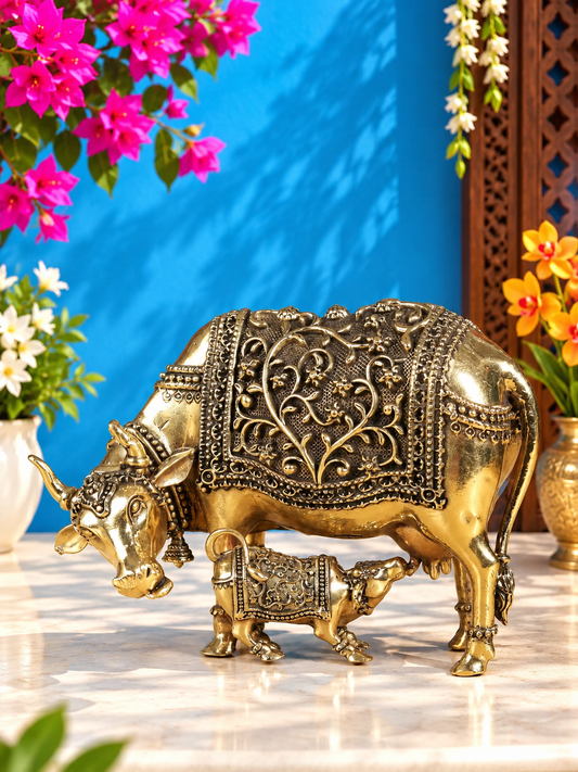 Brassaura® Cow With Calf Idol with Natural Brass Finish | Pure Superfine Brass Handcrafted Murti | Brass Statue for Home Temple, Pooja Room | Height 2 Inches | Weight 0.11 Kgs