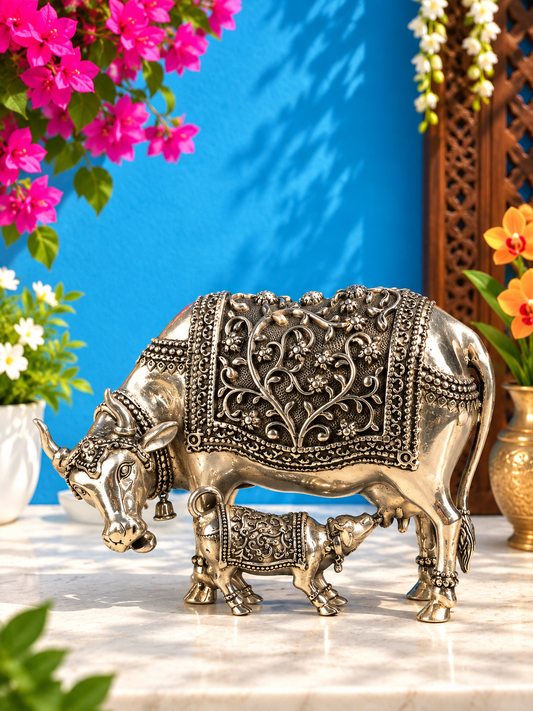 Brassaura® Cow With Calf Idol with Silver Finish | Pure Superfine Brass Handcrafted Murti | Brass Statue for Home Temple, Pooja Room | Height 2 Inches | Weight 0.11 Kgs