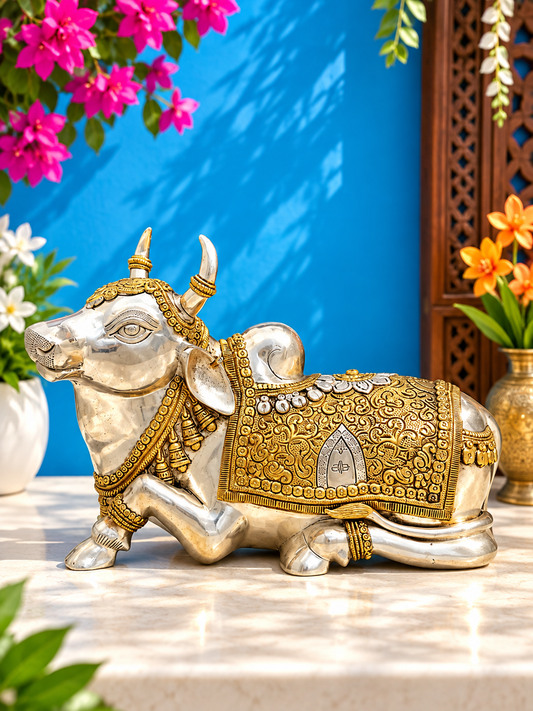 Brassaura® Nandi Reclining Idol with Silver Gold Finish | Pure Superfine Brass Handcrafted Murti | Brass Statue for Home Temple, Pooja Room | Height 10 Inches | Weight 10 Kgs