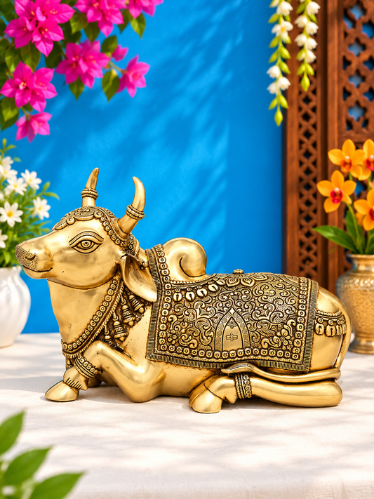 Brassaura® Nandi Reclining Idol with Natural Brass Finish | Pure Superfine Brass Handcrafted Murti | Brass Statue for Home Temple, Pooja Room | Height 10 Inches | Weight 10 Kgs