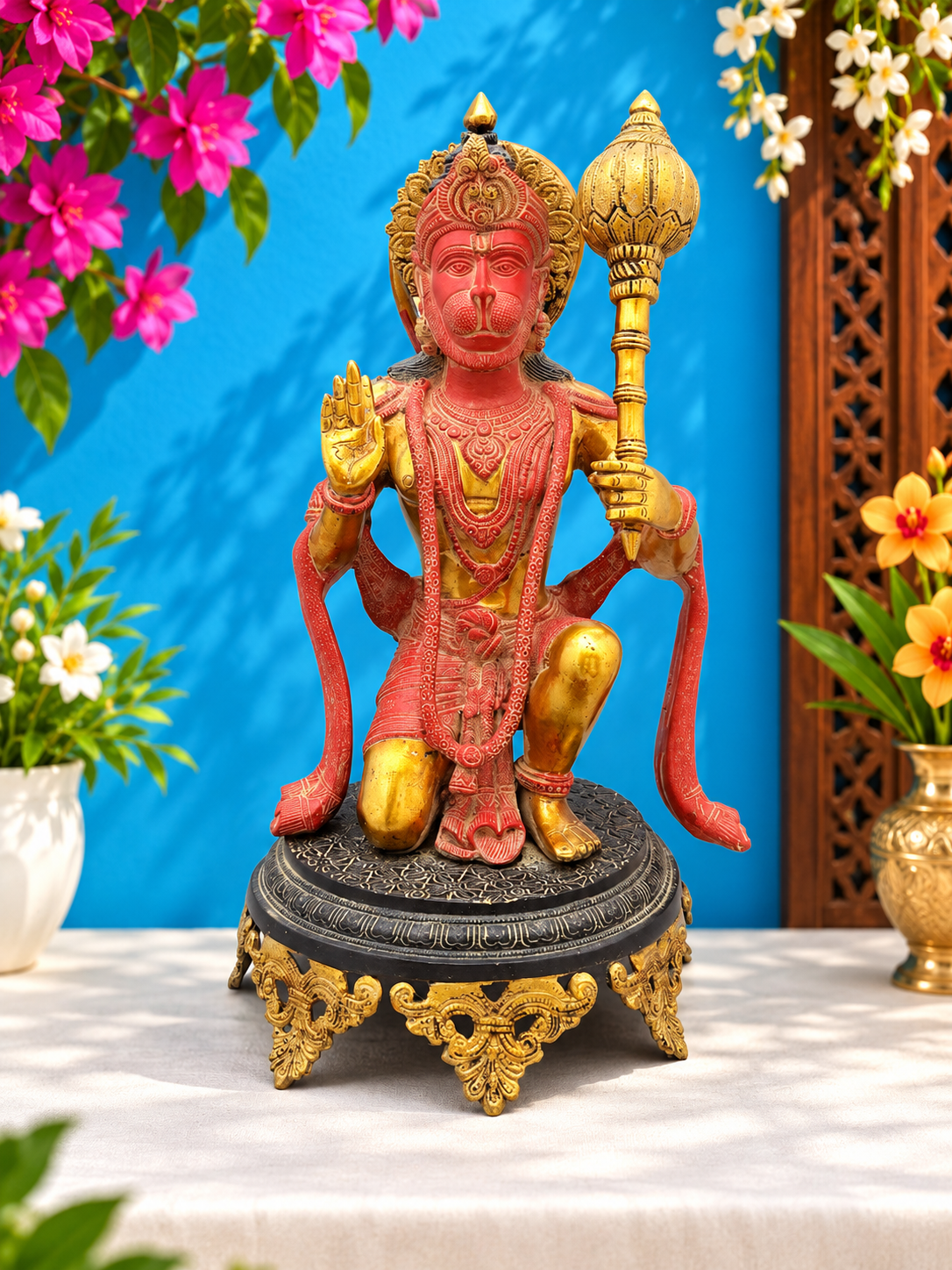 Brassaura® Hanuman Kneeling Blessing Pose Idol with Sindoori Gold And Black Finish | Pure Superfine Brass Handcrafted Murti | Brass Statue for Home Temple, Pooja Room | Height 20 Inches | Weight 14.92 Kgs