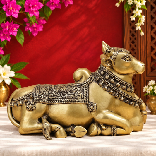 Brassaura® Nandi Bull Reclining Idol with Golden & Black Patina Finish | Pure Superfine Brass Handcrafted Murti | Brass Statue for Home Temple, Pooja Room | Height 12 Inches | Weight 14.92 Kgs
