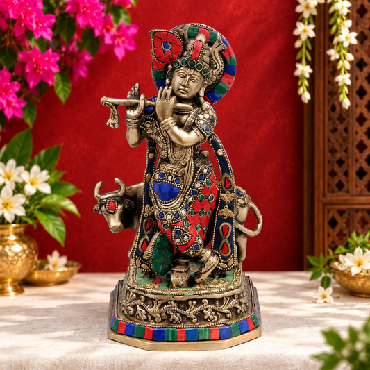 Brassaura® Krishna Playing Flute with Cow Idol with Multicolor Stone Work Finish | Pure Superfine Brass Handcrafted Murti | Brass Statue for Home Temple, Pooja Room | Height 10 Inches | Weight 2.68 Kgs