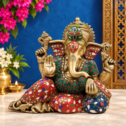 Brassaura® Ganesha Resting Pose Idol with Multicolor Stone Work Finish | Pure Superfine Brass Handcrafted Murti | Brass Statue for Home Temple, Pooja Room | Height 9.5 Inches | Weight 6.7 Kgs