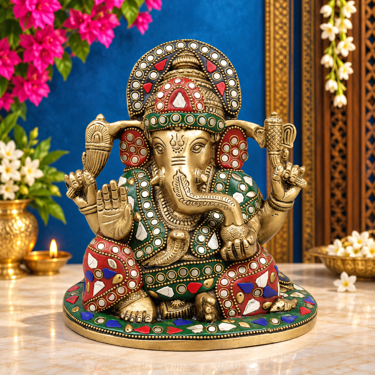 Brassaura® Ganesha Seated Idol with Fine Stonework Finish | Pure Superfine Brass Handcrafted Murti | Brass Statue for Home Temple, Pooja Room | Height 6.5 Inches | Weight 2.9 Kgs