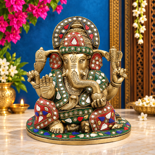 Brassaura® Ganesha Seated Idol with Fine Stonework Finish | Pure Superfine Brass Handcrafted Murti | Brass Statue for Home Temple, Pooja Room | Height 6.5 Inches | Weight 2.9 Kgs