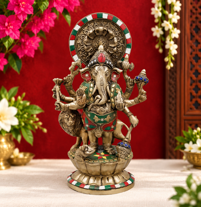 Brassaura® Raksha Ganesha Standing Idol with Fine Stonework Finish | Pure Superfine Brass Handcrafted Murti | Brass Statue for Home Temple, Pooja Room | Height 11 Inches | Weight 3.6 Kgs