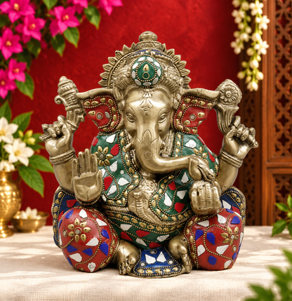 Brassaura® Lord Ganesha Seated Idol with Fine Stonework Finish | Pure Superfine Brass Handcrafted Murti | Brass Statue for Home Temple, Pooja Room | Height 8.5 Inches | Weight 5.2 Kgs