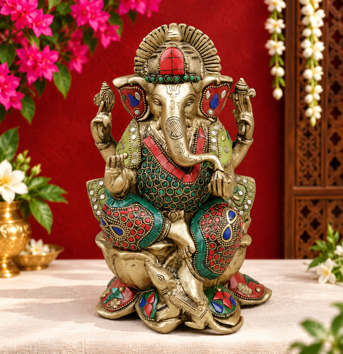 Brassaura® Lord Ganesha Seated on Lotus Idol with Stonework Finish | Pure Superfine Brass Handcrafted Murti | Brass Statue for Home Temple, Pooja Room | Height 10 Inches | Weight 4.14 Kgs