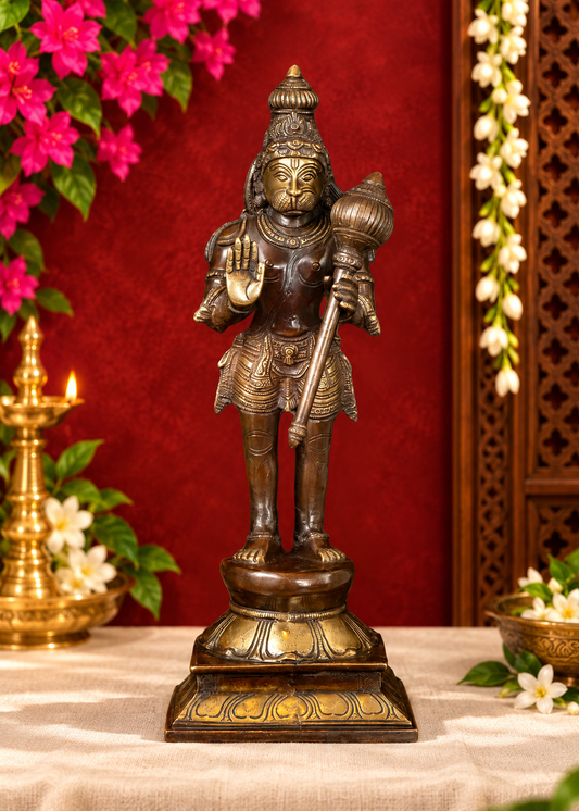 Brassaura® Hanuman Standing Abhaya Mudra Idol with Antique Brown Finish | Pure Superfine Brass Handcrafted Murti | Brass Statue for Home Temple, Pooja Room | Height 16 Inches | Weight 4.8 Kgs