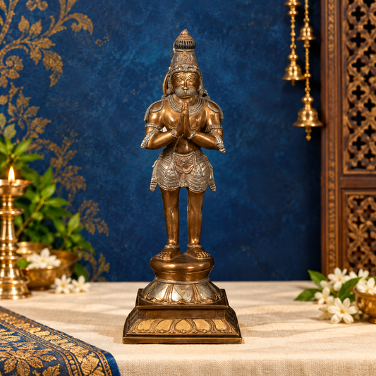 Brassaura® Hanuman Standing Namaste Pose Idol with Golden Yellow And Silver White Finish | Pure Superfine Brass Handcrafted Murti | Brass Statue for Home Temple, Pooja Room | Height 16 Inches | Weight 4.5 Kgs