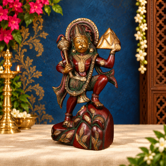 Brassaura® Hanuman Standing Holding Mountain Idol with Cherry Brown And Golden Yellow Finish | Pure Superfine Brass Handcrafted Murti | Brass Statue for Home Temple, Pooja Room | Height 16 Inches | Weight 10.5 Kgs