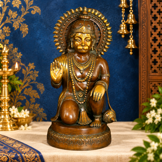 Brassaura® Hanuman Kneeling Abhaya Mudra Idol with Brown And Golden Yellow Finish | Pure Superfine Brass Handcrafted Murti | Brass Statue for Home Temple, Pooja Room | Height 19 Inches | Weight 15.5 Kgs