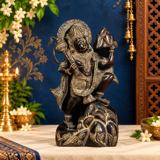 Brassaura® Hanuman Standing Holding Mountain Idol with Antique Brown And White Finish | Pure Superfine Brass Handcrafted Murti | Brass Statue for Home Temple, Pooja Room | Height 16 Inches | Weight 10.5 Kgs