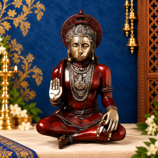 Brassaura® Hanuman Seated Blessing Pose Idol with Brown And Silver Finish | Pure Superfine Brass Handcrafted Murti | Brass Statue for Home Temple, Pooja Room | Height 11 Inches | Weight 4.67 Kgs