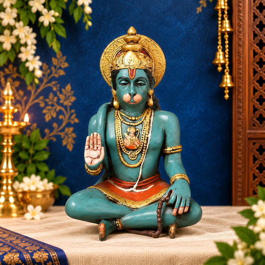Brassaura® Hanuman Sitting On Earth Blessing Pose Idol with Multi-Color Finish | Pure Superfine Brass Handcrafted Murti | Brass Statue for Home Temple, Pooja Room | Height 11 Inches | Weight 4.63 Kgs