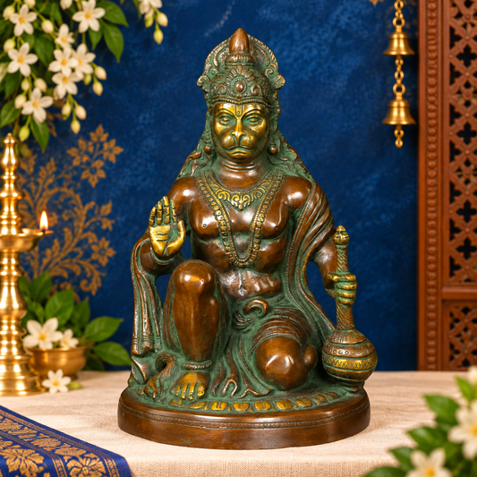 Brassaura® Hanuman Kneeling Abhaya Mudra Idol with Brown And Gold Finish | Pure Superfine Brass Handcrafted Murti | Brass Statue for Home Temple, Pooja Room | Height 10 Inches | Weight 3.6 Kgs