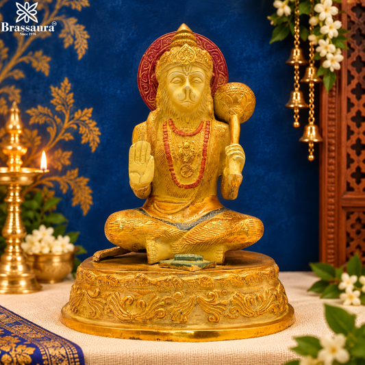 Brassaura® Hanuman Seated Blessing Pose Idol with Golden Finish | Pure Superfine Brass Handcrafted Murti | Brass Statue for Home Temple, Pooja Room | Height 7.5 Inches | Weight 2.1 Kgs