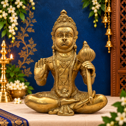 Brassaura® Hanuman Seated Blessing Pose Idol with Golden Finish | Pure Superfine Brass Handcrafted Murti | Brass Statue for Home Temple, Pooja Room | Height 13.5 Inches | Weight 7.9 Kgs