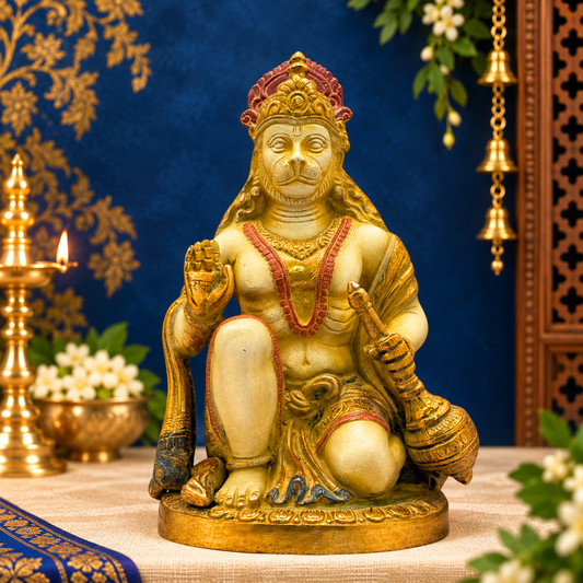 Brassaura® Hanuman Seated Blessing Pose Idol with Golden Finish | Pure Superfine Brass Handcrafted Murti | Brass Statue for Home Temple, Pooja Room | Height 9 Inches | Weight 3.3 Kgs