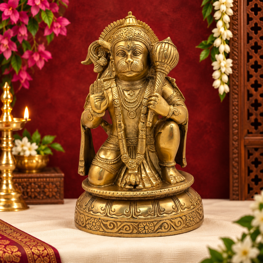 Brassaura® Hanuman Seated Blessing Pose Idol with Golden Finish | Pure Superfine Brass Handcrafted Murti | Brass Statue for Home Temple, Pooja Room | Height 10.5 Inches | Weight 5 Kgs