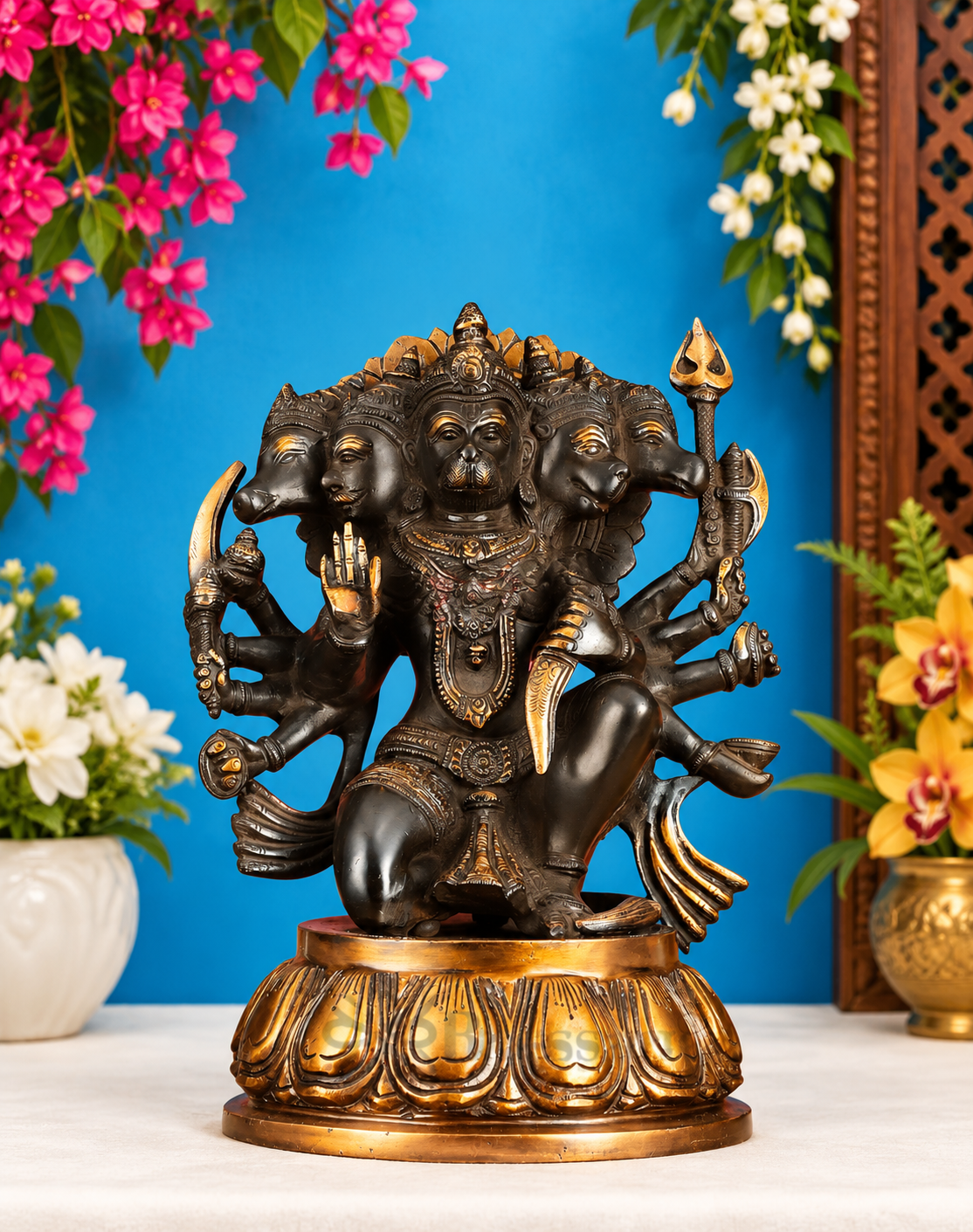 ब्रसौरा™ शुद्ध पीतल पंचमुखी हनुमान प्रतिमा - ऊंचाई 13.5 इंच और वजन 9 किलोग्राम | ऊष्मा-उपचारित काला और सुनहरा फ़िनिश