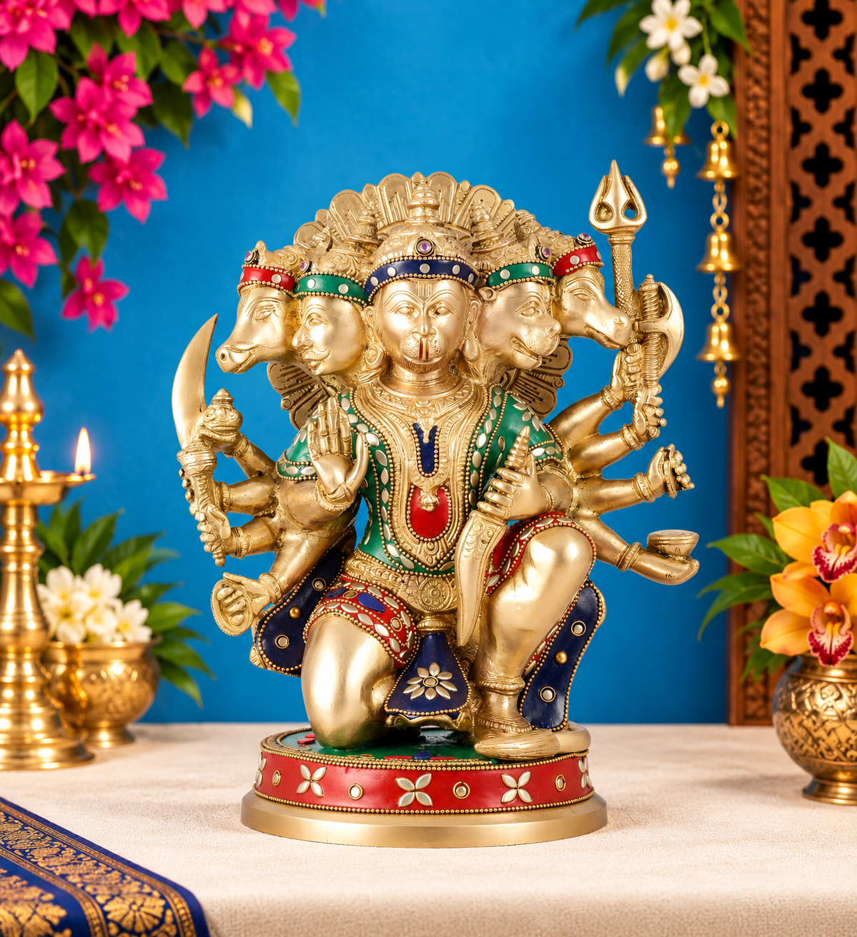 Brassaura™ ब्रास पंचमुखी हनुमान मूर्ति – ऊँचाई 11 इंच और वज़न 6.6 किग्रा | प्राकृतिक पत्थरों से हस्तनिर्मित