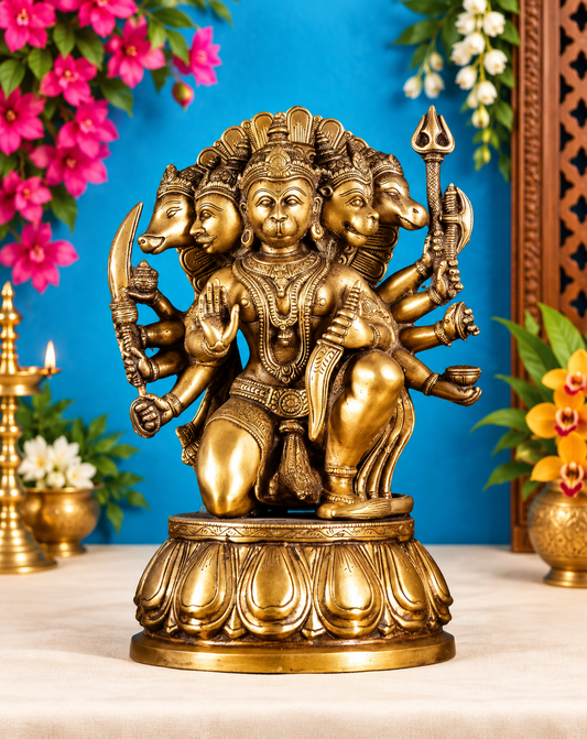 ब्रासौड़ा™ हस्तनिर्मित अति उत्तम पीतल की पंचमुखी हनुमान मूर्ति – ऊँचाई 13.5 इंच और वज़न 9 किलोग्राम | ऊष्मा-उपचारित सुनहरी फिनिश