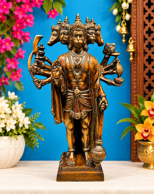 ब्रासोरा™ हस्तनिर्मित अति उत्तम पीतल की पंचमुखी हनुमान प्रतिमा – ऊंचाई 14 इंच और वज़न 5.5 किलोग्राम | बारीकी से नक्काशीदार आधार
