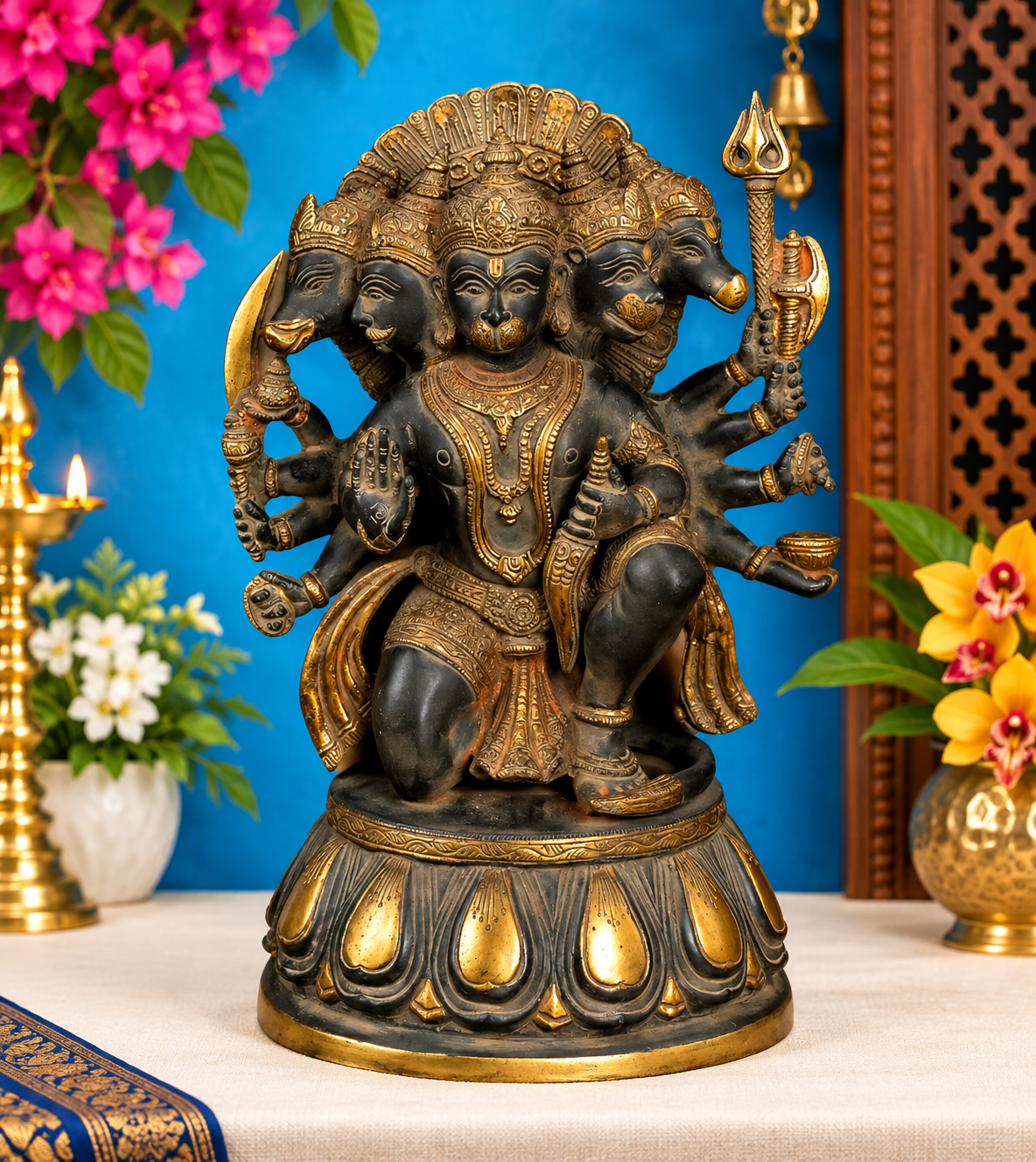 ब्रासौराम™ हस्तनिर्मित अति उत्तम पीतल पंचमुखी हनुमान प्रतिमा - ऊँचाई 13.5 इंच और वज़न 9 किलोग्राम | ऊष्मा-संसाधित बलुआ पत्थर फ़िनिश