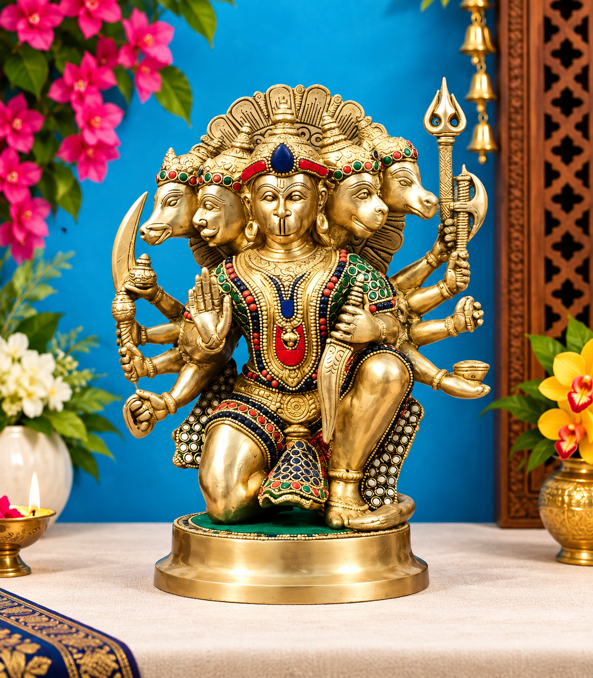 Brassaura™ ब्रास पंचमुखी हनुमान मूर्ति – ऊँचाई 11 इंच और वज़न 6.6 किग्रा | प्राकृतिक पत्थरों से हस्तनिर्मित