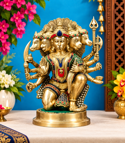 Brassaura™ ब्रास पंचमुखी हनुमान मूर्ति – ऊँचाई 11 इंच और वज़न 6.6 किग्रा | प्राकृतिक पत्थरों से हस्तनिर्मित